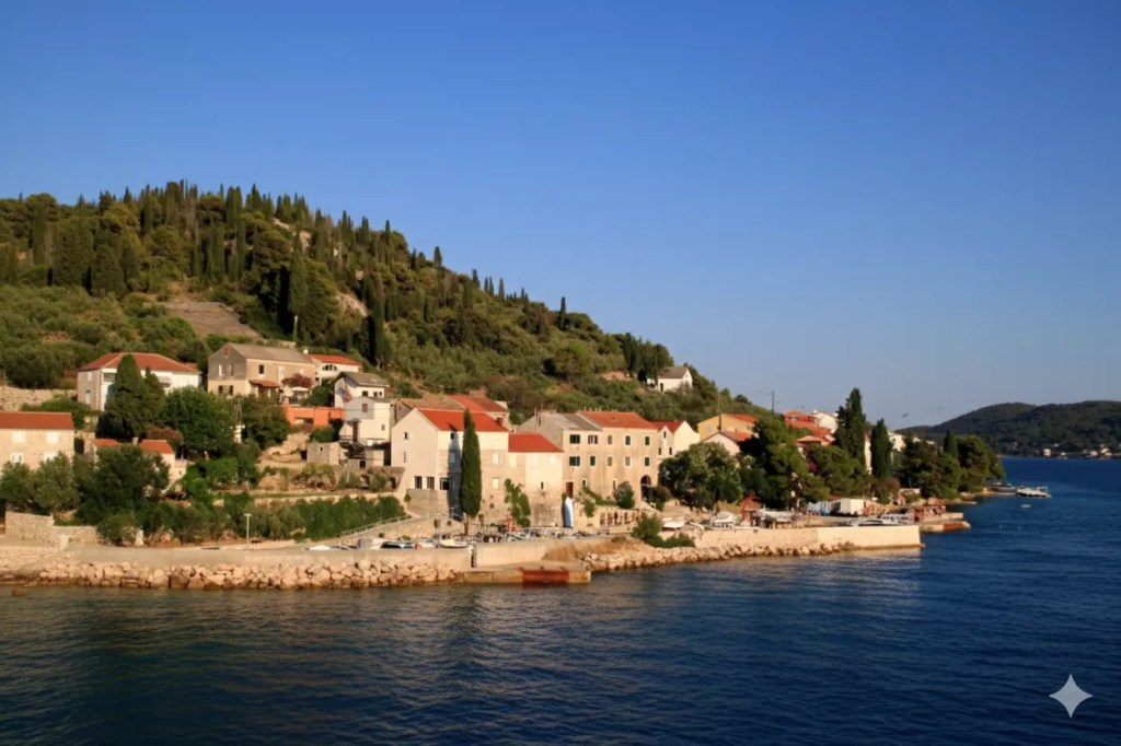 Scenic view of a coastal village with terracotta-roofed houses nestled against a green hillside, overlooking clear blue waters.