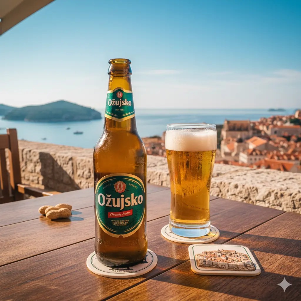 A bottle and a glass of Ožujsko beer on a table with a scenic view of the coastline and historic rooftops of Dubrovnik in the background.
