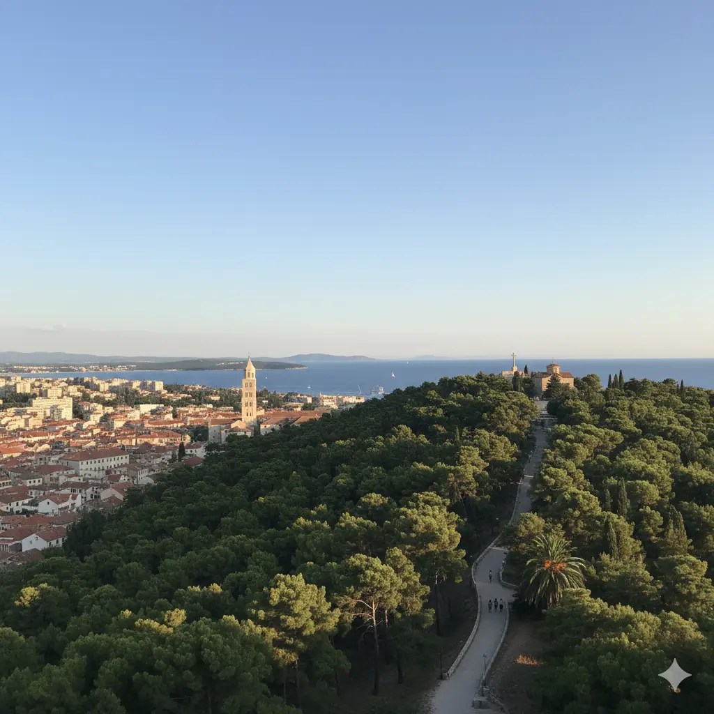 A panoramic view of Split, Croatia, featuring city buildings, a bell tower, and the Adriatic Sea beyond, framed by lush green trees.