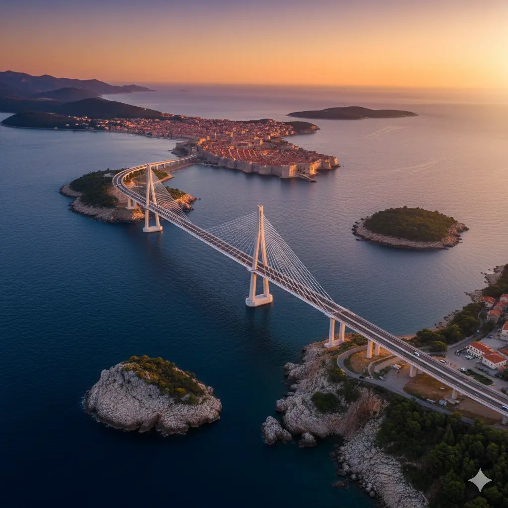 A picturesque view of the Pelješac Bridge spanning over the shimmering Adriatic Sea, connecting the mainland to the city of Dubrovnik, with the city skyline and surrounding islands visible in the background at sunset.