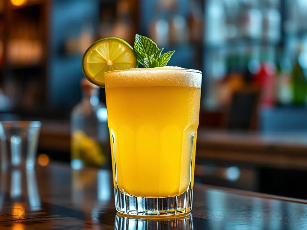 A vibrant yellow cocktail garnished with a lime slice and mint leaves, served in a clear glass, surrounded by a blurred bar environment.