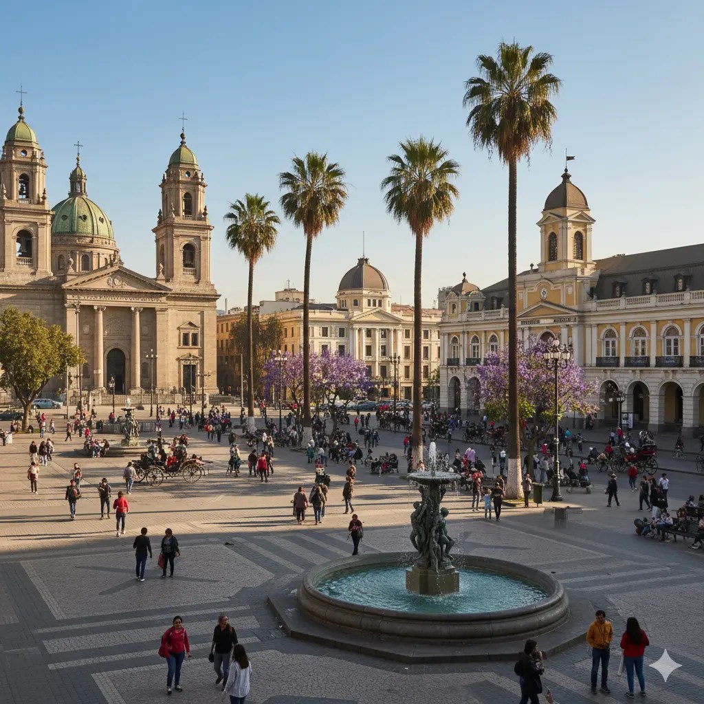 A bustling plaza in Santiago, Chile, featuring palm trees, a fountain, and historic buildings. People are gathered around enjoying the lively atmosphere.