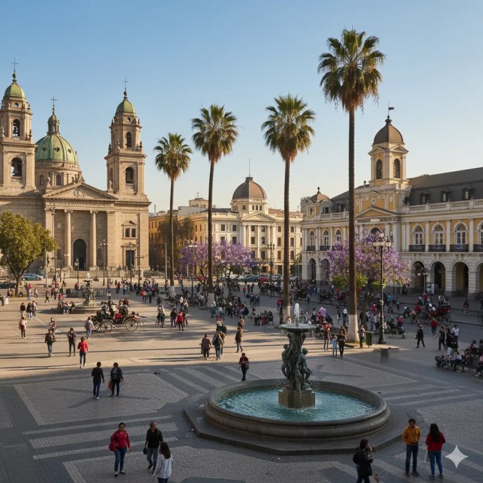A vibrant, high-angle view of the Plaza de Armas in Santiago, Chile, featuring a central bronze fountain surrounded by people. On the left is the neoclassical Metropolitan Cathedral, and on the right is the historic central post office and the yellow facade of the National History Museum. Tall palm trees line the square, and the sunlight highlights the colonial architecture