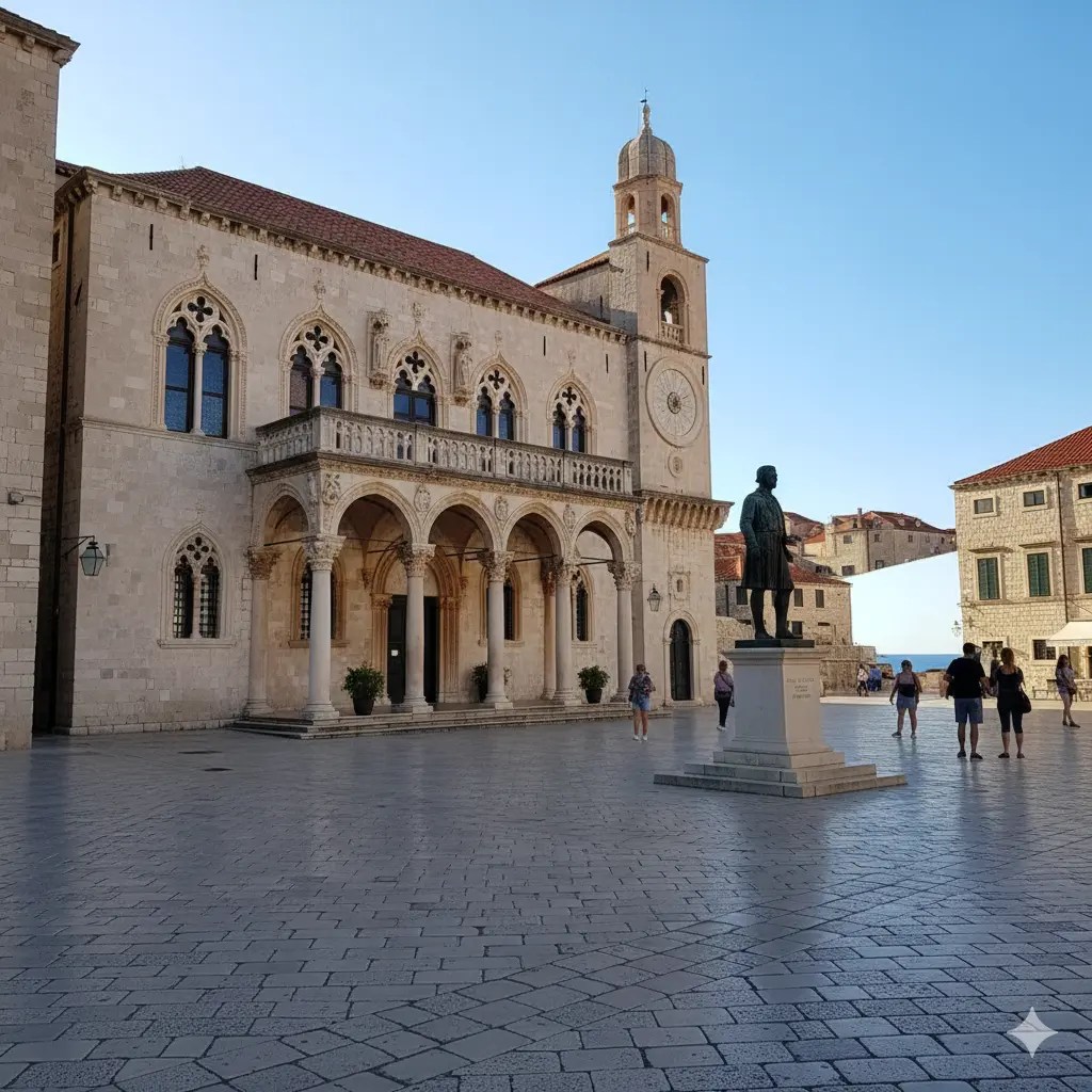 A view of a historic building in Dubrovnik with a clock tower, featuring ornate architecture and a statue in the foreground, set against a clear blue sky.