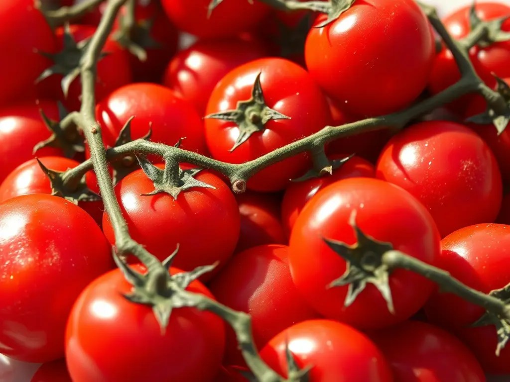 A close-up of fresh, red cherry tomatoes on the vine, showcasing their vibrant color and glossy surface, perfect for a Mediterranean dish.