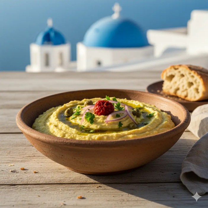 "A bowl of traditional Santorini fava, a smooth, creamy yellow dip made from local yellow split peas, drizzled with olive oil and served with red onion and bread."