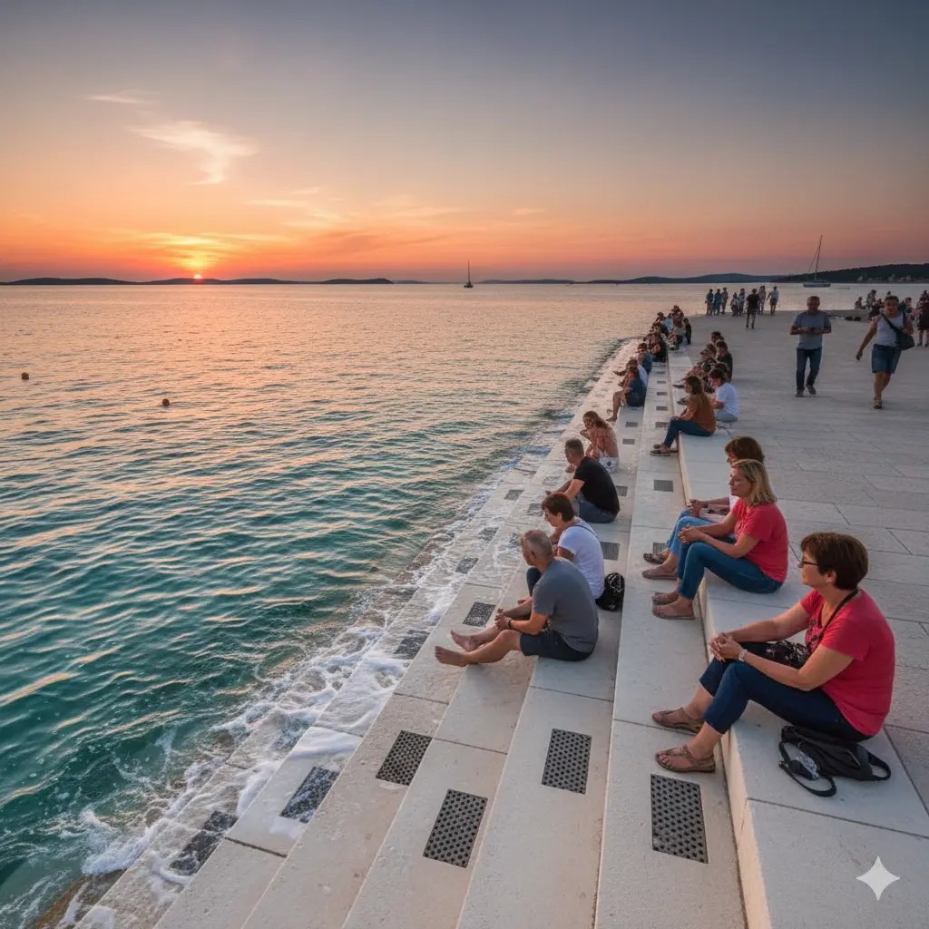 People sitting on a stone staircase by the sea, enjoying the sunset over the water in Zadar, Croatia.