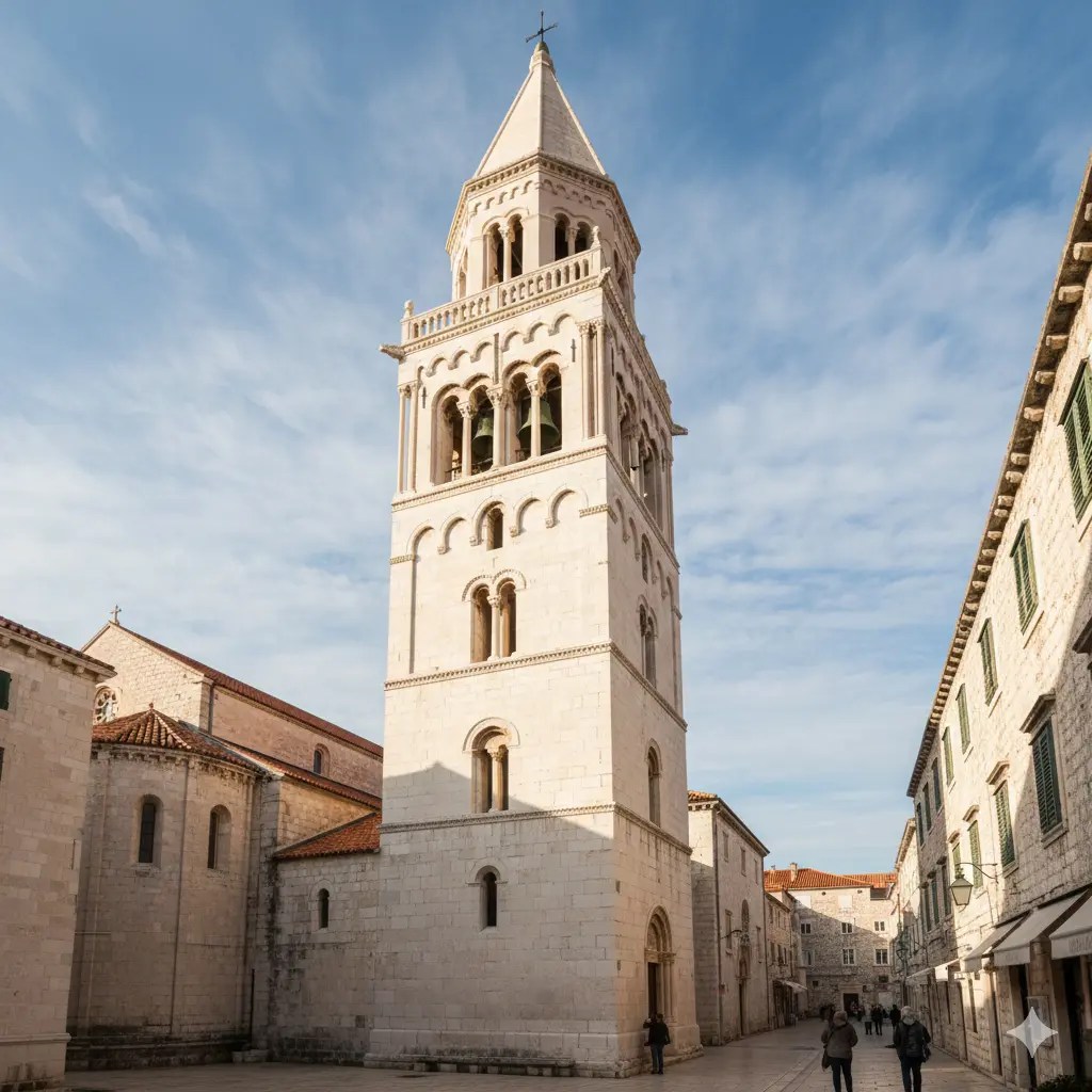 The Bell Tower of St. Anastasia's Cathedral standing tall in Zadar, Croatia, with a clear sky and historic buildings surrounding it.