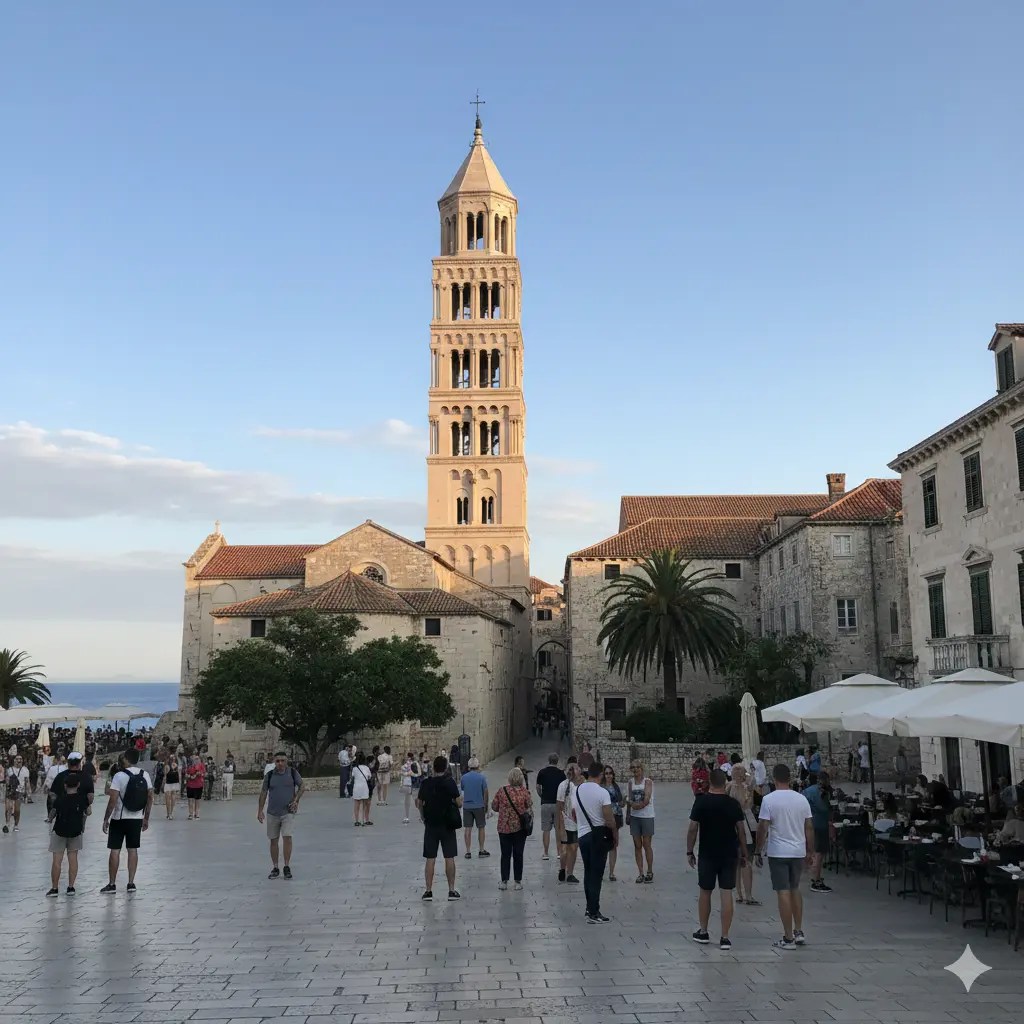View of the bell tower of St. Domnius Cathedral in Split, Croatia, surrounded by historic buildings and tourists enjoying the square.