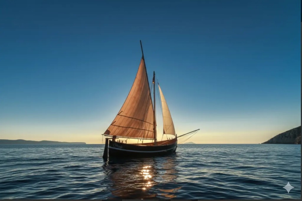A wooden sailboat with its sails raised gliding across calm waters under a clear blue sky.