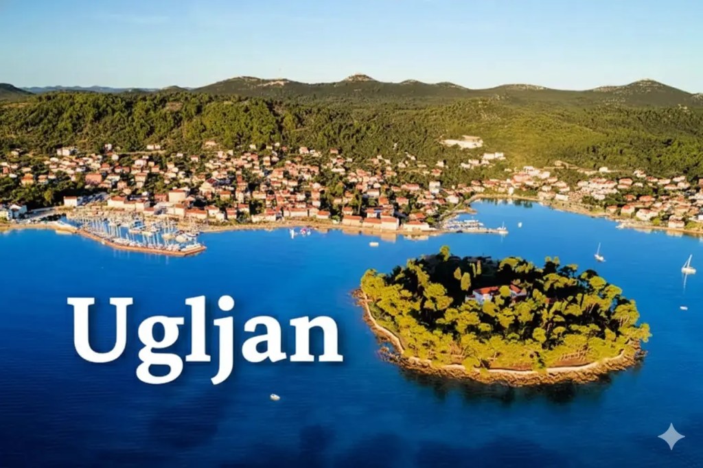 Aerial view of the island of Ugljan in Croatia, featuring green hills, a small harbor with boats, and a picturesque coastal village along the shoreline.