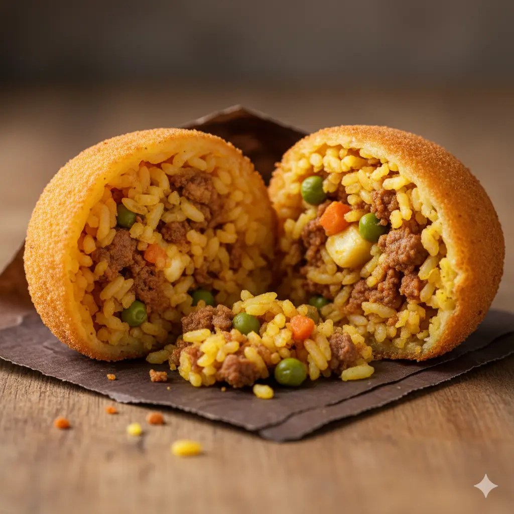 Close-up of a halved arancina, a traditional Sicilian rice ball, filled with seasoned rice, ground meat, and vegetables.