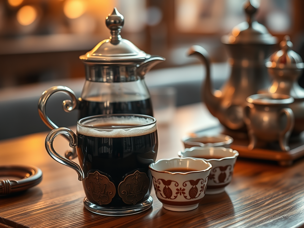 A steaming cup of Bosnian coffee served in an ornate glass alongside traditional coffee pots and delicate porcelain cups on a wooden table.