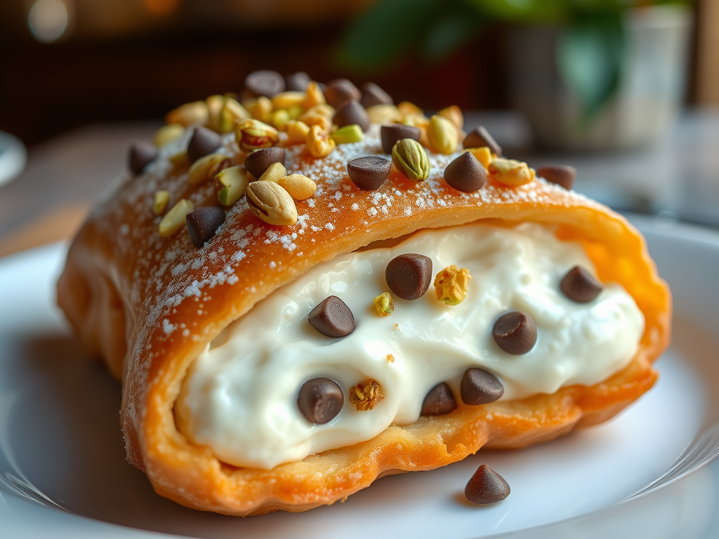 Close-up view of a Sicilian cannoli filled with sweet ricotta cheese, topped with chocolate chips and crushed pistachios, served on a white plate.