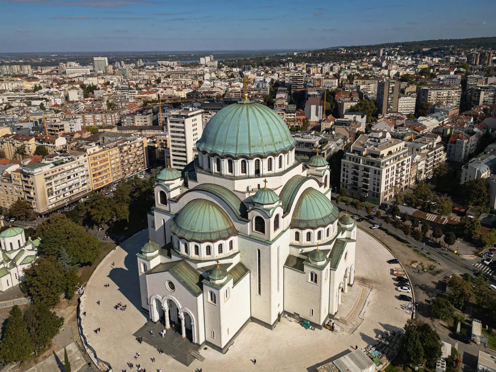 Aerial view of the Church of Saint Sava in Belgrade, showcasing its impressive architecture and surrounding cityscape.