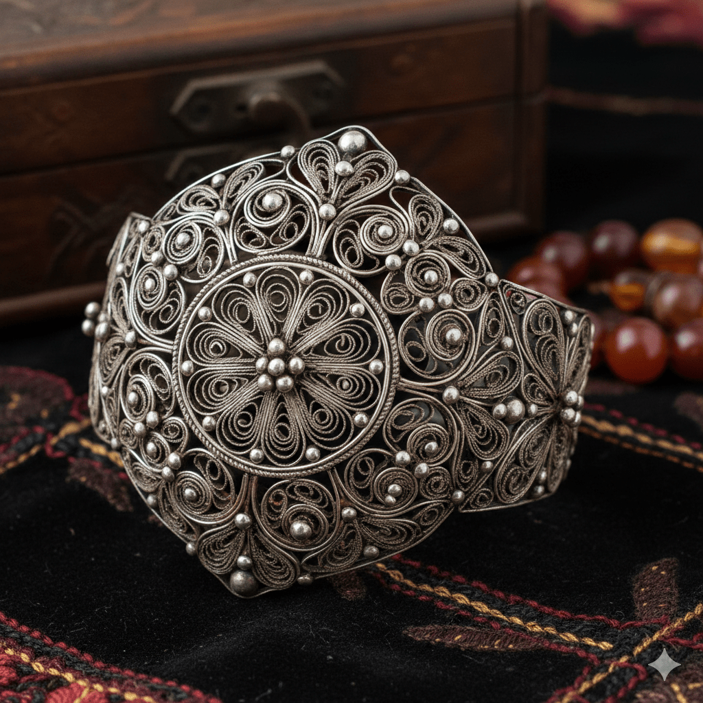 A beautifully crafted silver bracelet featuring intricate filigree designs, displayed on a patterned fabric background with a wooden box and beaded items visible.