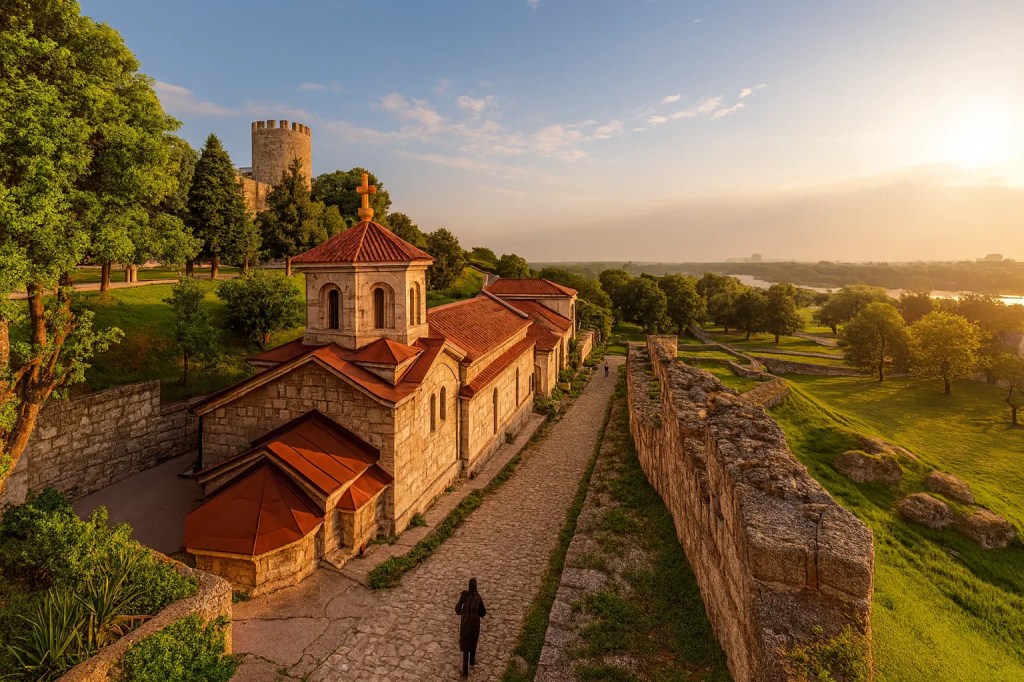 Scenic view of Kalemegdan Fortress and the Church of Ružica in Belgrade, Serbia, during sunset, with lush green surroundings and a pathway.