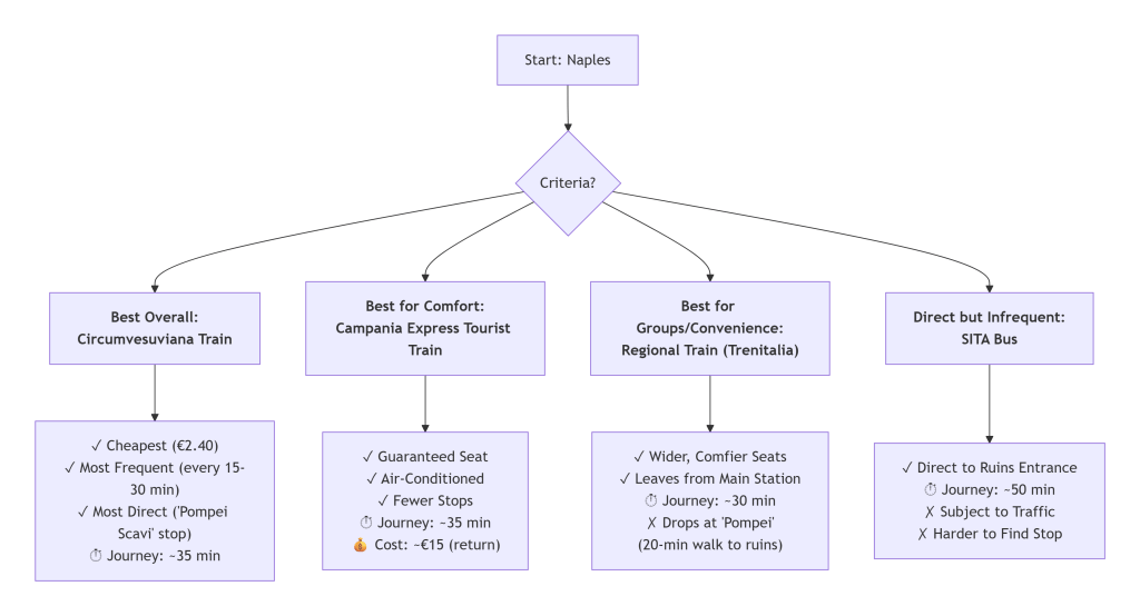 Flowchart illustrating transportation options from Naples to Pompeii, highlighting key criteria and comparisons between the Circumvesuviana Train, Campania Express Train, Trenitalia Train, and SITA Bus.