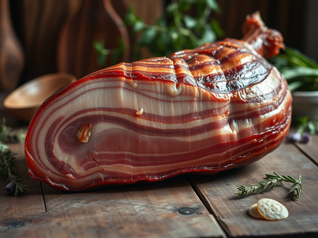 A close-up view of a block of smoked ham with layers of fat and meat, placed on a wooden surface surrounded by herbs.