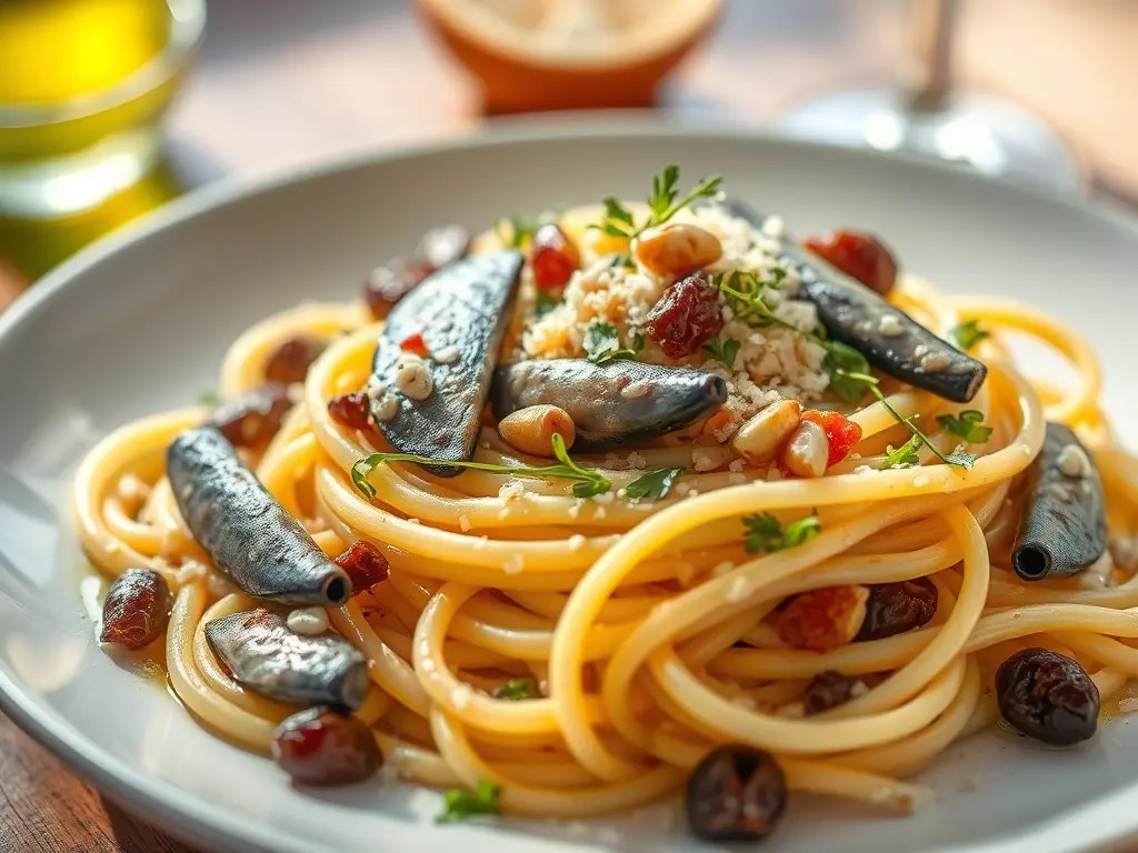 Close-up of Pasta con le Sarde, a traditional Sicilian pasta from Palermo with fresh sardines, wild fennel, pine nuts, raisins, and saffron on a white plate.