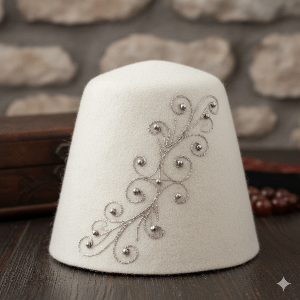A traditional white Albanian qeleshe (felt hat) adorned with decorative silver embroidery, placed on a wooden surface with a rustic background.