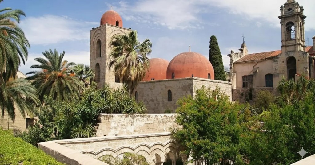 The distinctive red domes and bell tower of San Giovanni degli Eremiti church in Palermo, Sicily, set against a blue sky with palm trees and lush gardens.