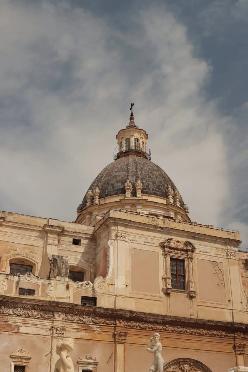Ornate Baroque facade and majolica-tiled dome of the Church of Santa Caterina d'Alessandria on Piazza Bellini in Palermo's historic center, Sicily.