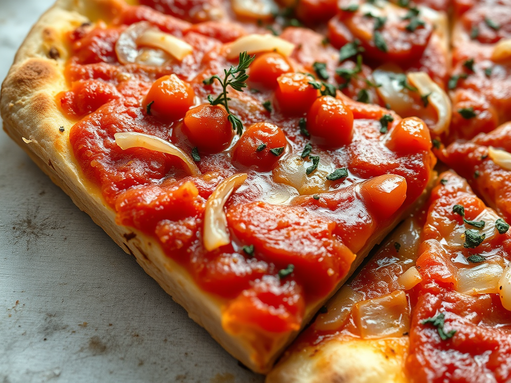 Close-up of a slice of Sicilian pizza topped with tomato sauce, diced tomatoes, onions, and sprinkled with herbs.