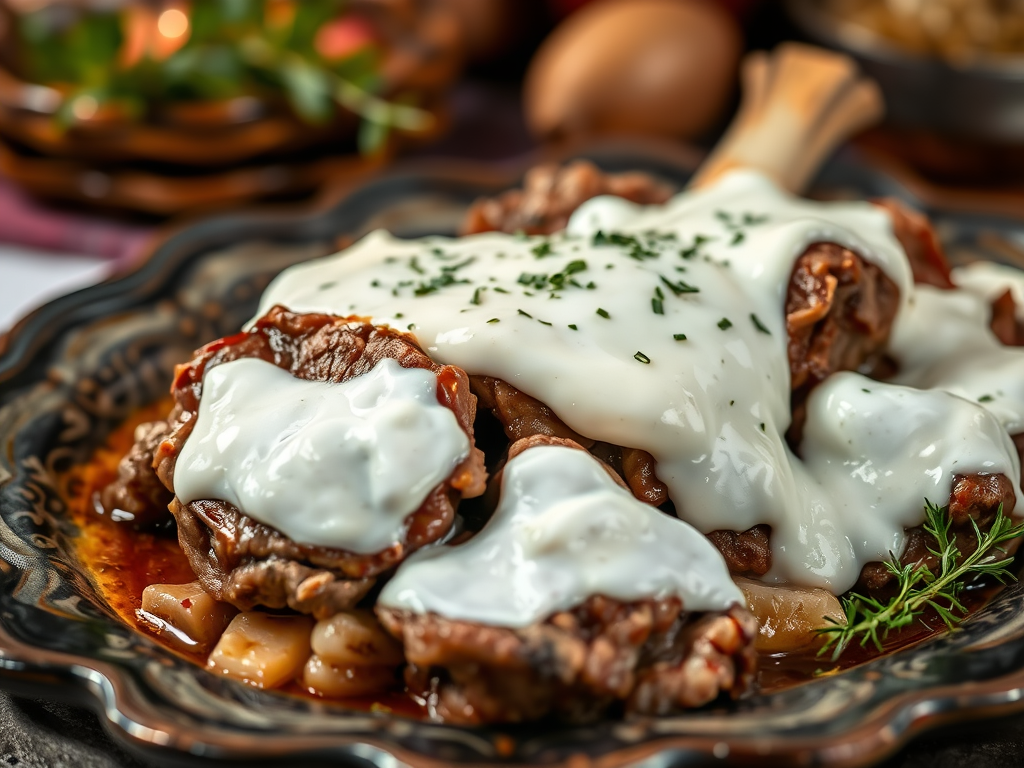 A close-up of a traditional Albanian dish featuring meat covered in a creamy sauce, garnished with parsley, served on a decorative plate.