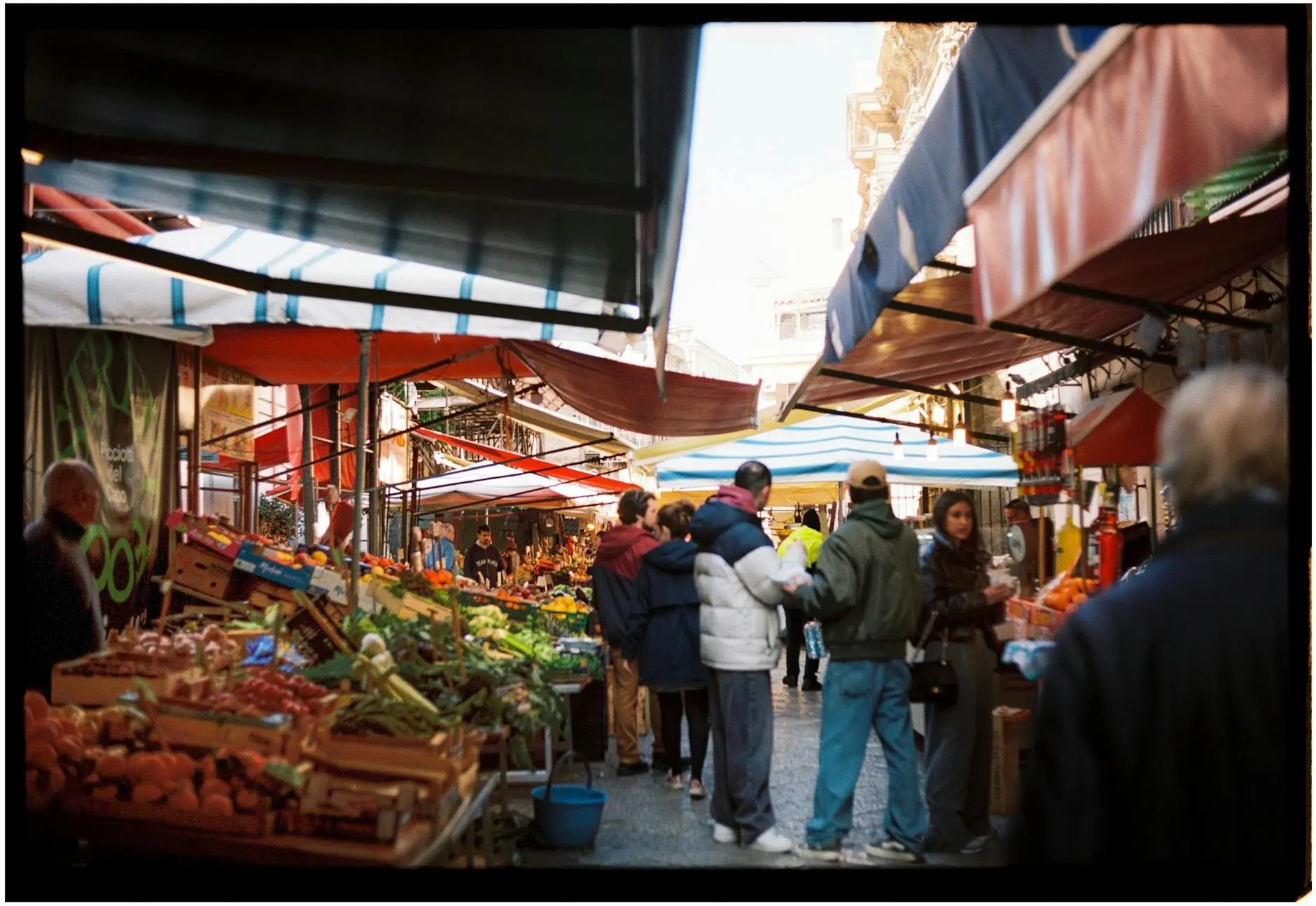 A lively scene at the historic Ballarò Market in Palermo, Sicily, with vendors selling colorful fresh fruits, vegetables, and local goods under vibrant umbrellas.