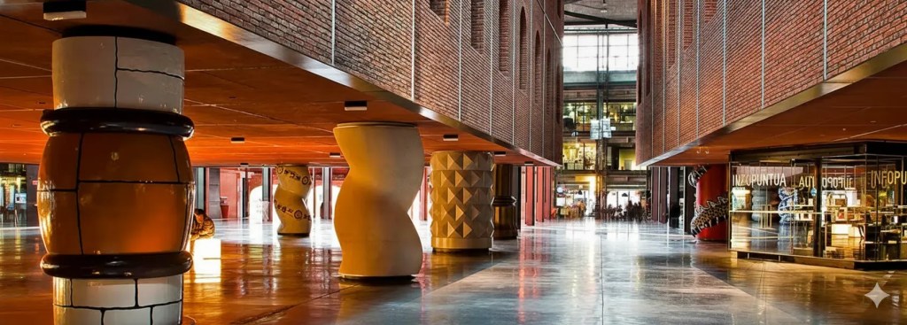 Interior view of a modern architectural space showcasing colorful sculptural columns and a polished concrete floor, with large windows allowing natural light.
