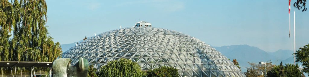 A large geodesic dome surrounded by trees, with mountains visible in the background and a flagpole on the right.