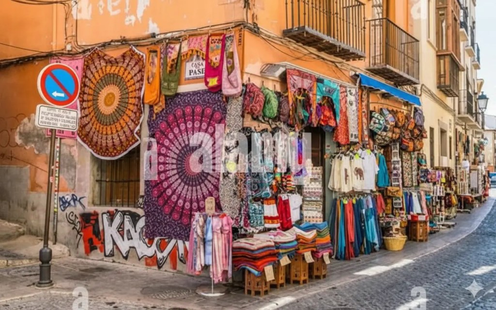 A vibrant street market in Granada, featuring colorful textiles, tapestry displays, and traditional clothing for sale, alongside a narrow cobblestone street.