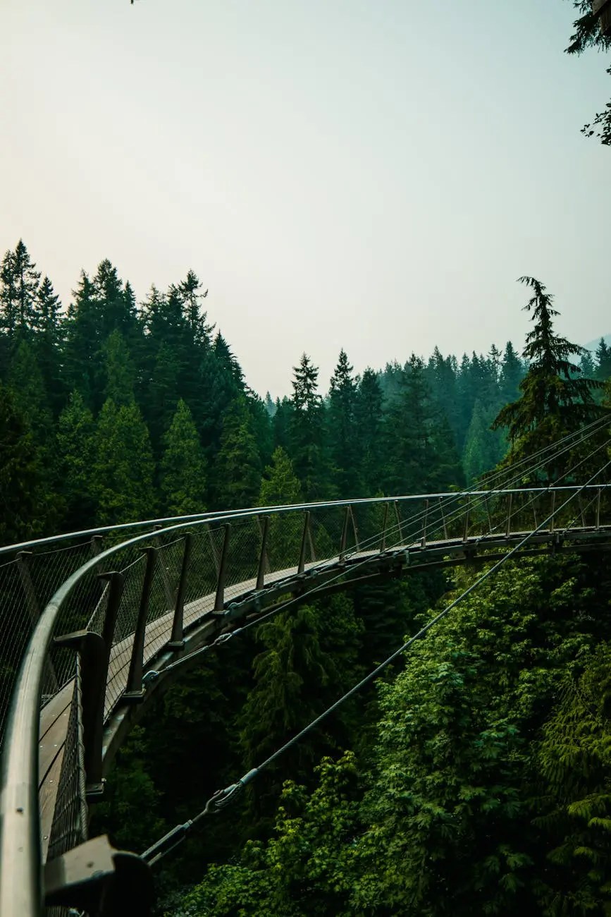 A winding suspension bridge surrounded by lush green forests under a hazy sky.