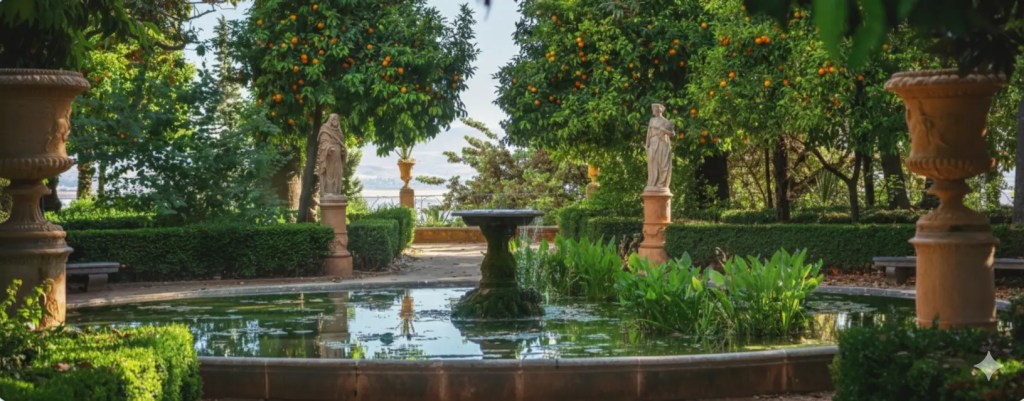 A serene garden scene featuring a circular fountain surrounded by lush greenery and trees bearing oranges. Statues are placed among the foliage, adding an artistic touch to the tranquil setting.