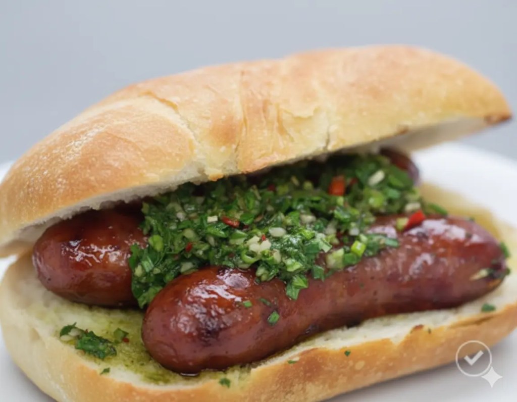 A fresh bread roll filled with two grilled sausages topped with a flavorful green sauce made from herbs and spices.