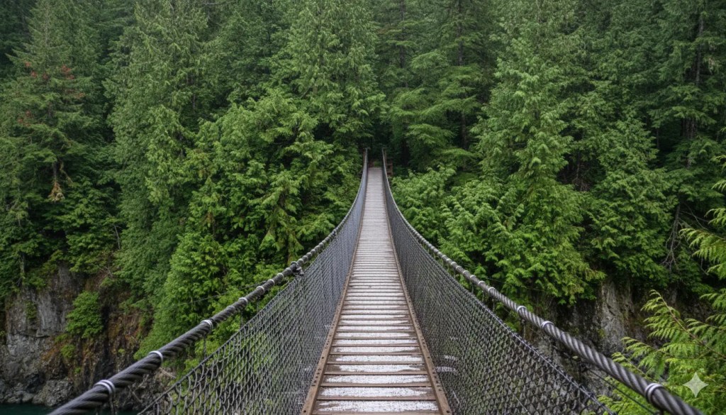 A suspension bridge extending into a lush green forest, surrounded by dense trees and a rocky landscape.