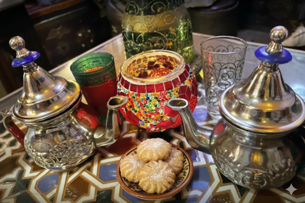 A traditional Moroccan tea set in a Granada tetería, featuring a colorful mosaic candle holder, silver teapots, glasses, and cookies.
