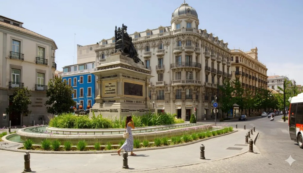 Monument to the Capitulations of Santa Fe in Plaza Isabel la Católica, Granada, showing a statue of Queen Isabella I presenting documents to Christopher Columbus.