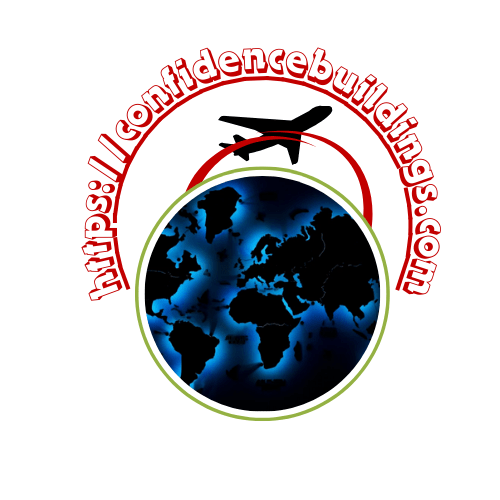 Logo of Confidence Buildings featuring a globe and an airplane, symbolizing travel and exploration.