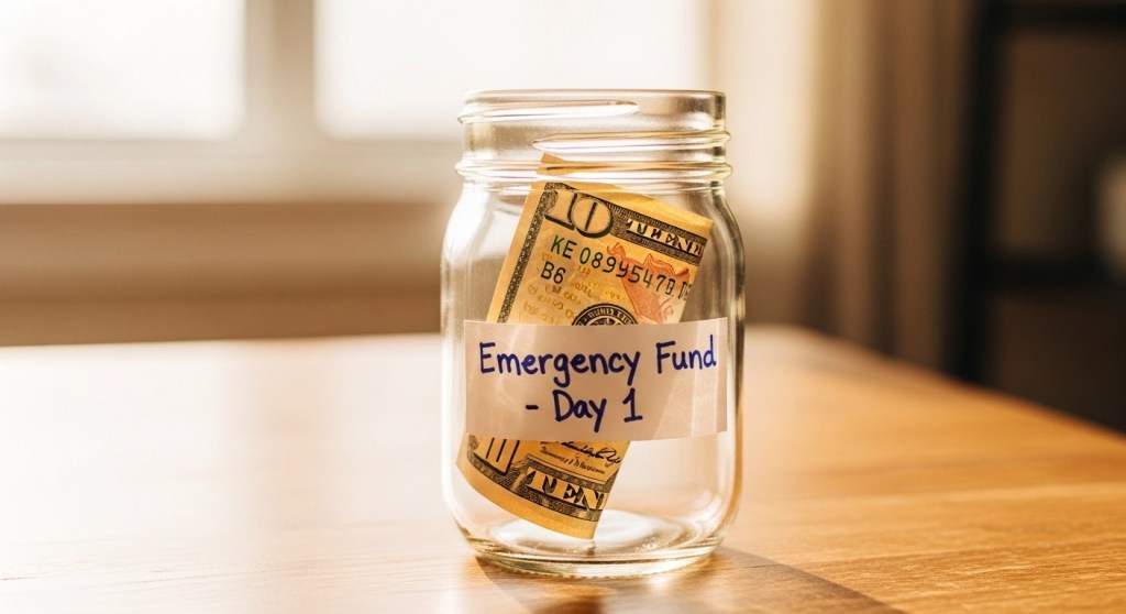 Ten dollar bill in a glass jar labeled Emergency Fund Day 1 representing the start of a savings habit