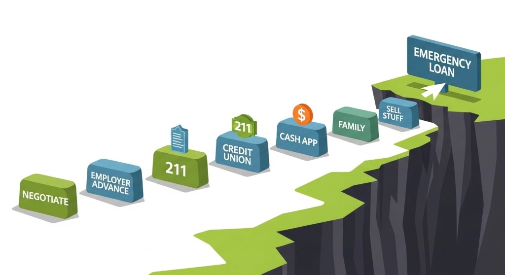 `Roadmap showing 7 alternatives to emergency loans as stepping stones away from high-interest borrowing`