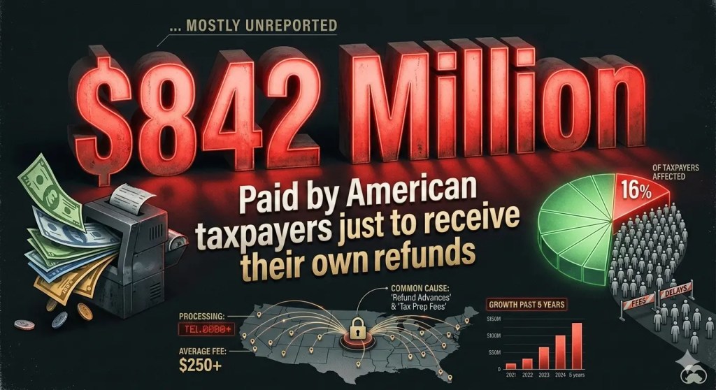 `Infographic showing 842 million dollars paid in tax refund fees by American taxpayers to receive their own money early` |