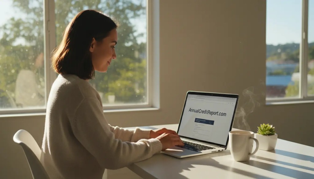 Person accessing AnnualCreditReport.com for free credit report as first action step for emergency money help 2026