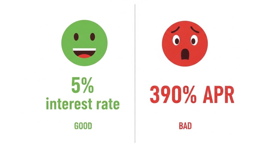 Comparison infographic showing difference between advertised interest rate and actual APR on emergency loans
