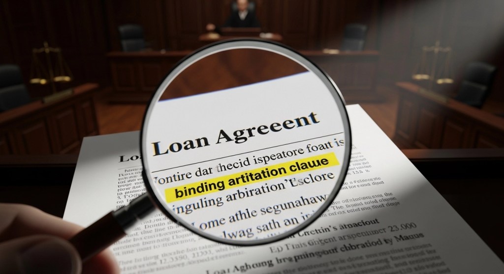 Magnifying glass over loan agreement highlighting binding arbitration clause in fine print