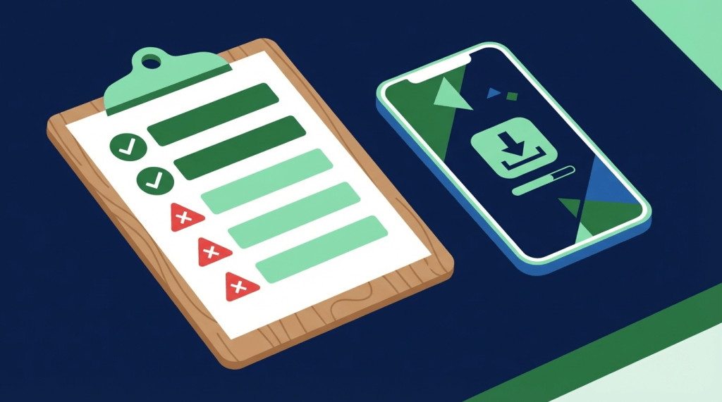 Checklist clipboard with 5 questions to ask before downloading a cash advance app for emergency money help 2026