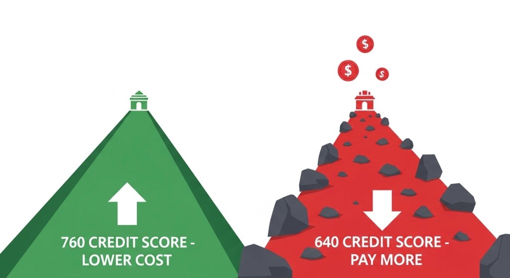Infographic showing the real dollar cost difference between a 760 and 640 credit score on loans
