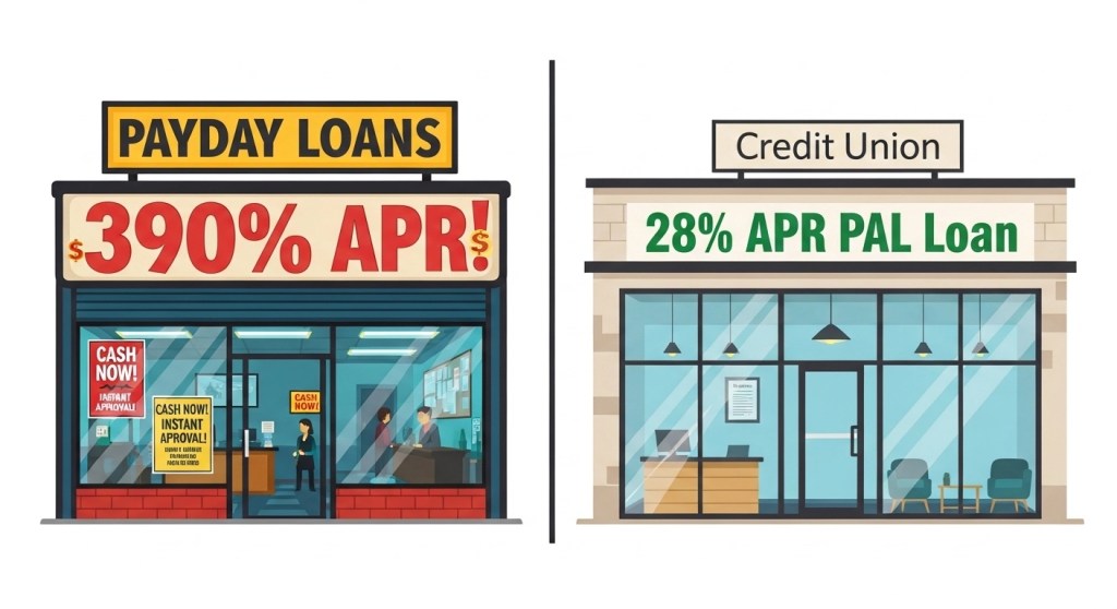 Comparison of credit union PAL loan at 28% APR versus payday loan at 390% APR as emergency borrowing alternatives