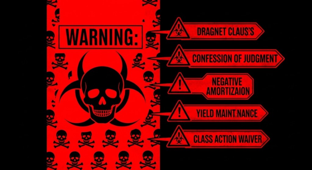 Red danger zone warning labels showing the most hazardous loan terms emergency borrowers must avoid